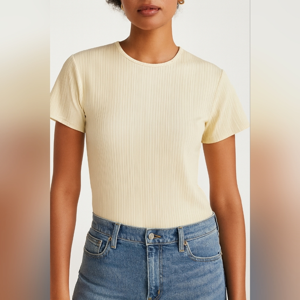 FRAME Women’s Ribbed Short Sleeve Top Beige Cream Size XL | Minimalist Basic Tee